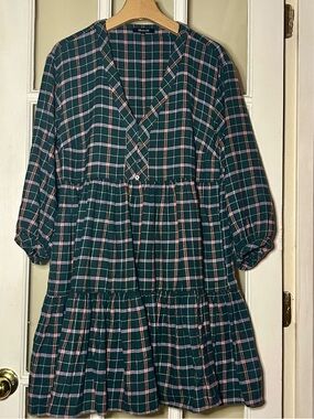 Madewell Green Plaid Tiered Long Sleeve Dress with Pink Accents